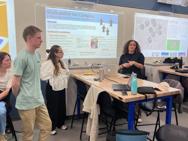 Students presenting on projector